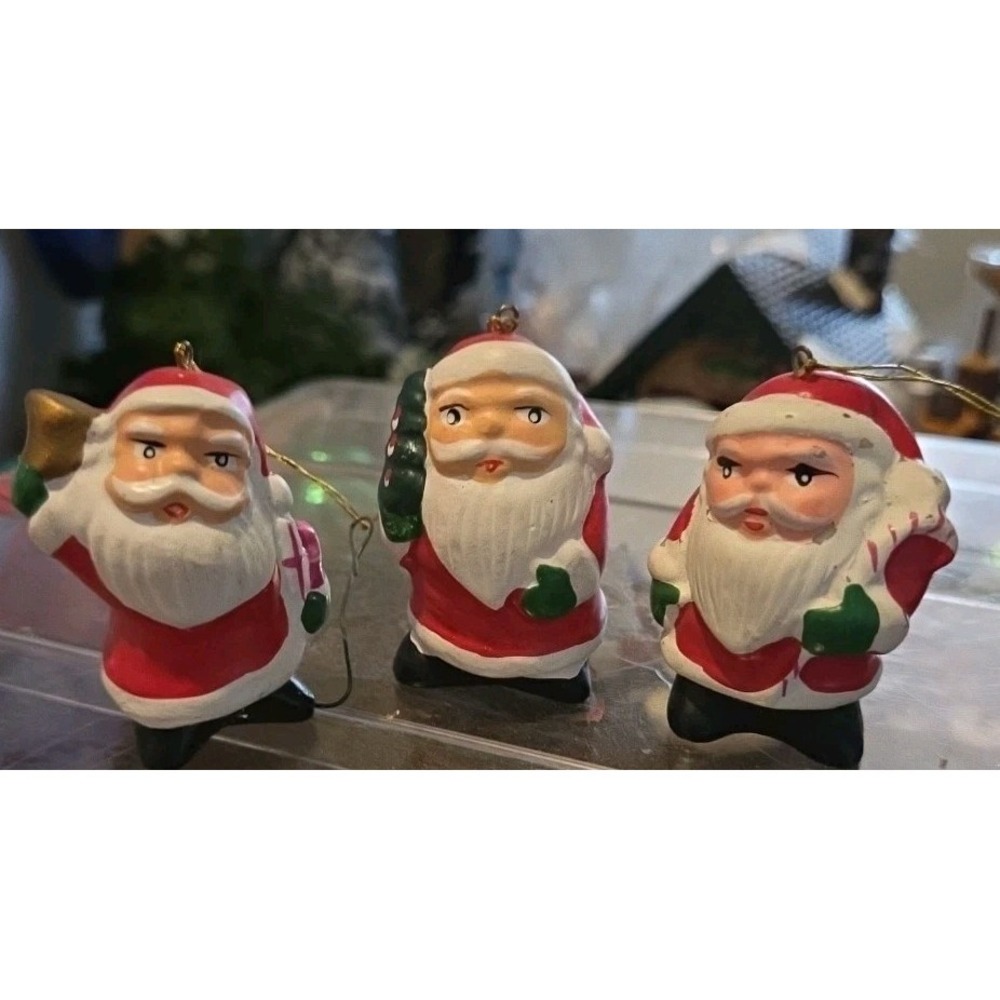 Vintage Tiny Santa Ornaments Ceramic W/Bell Tree Candy Cane 1" Tall‎ About